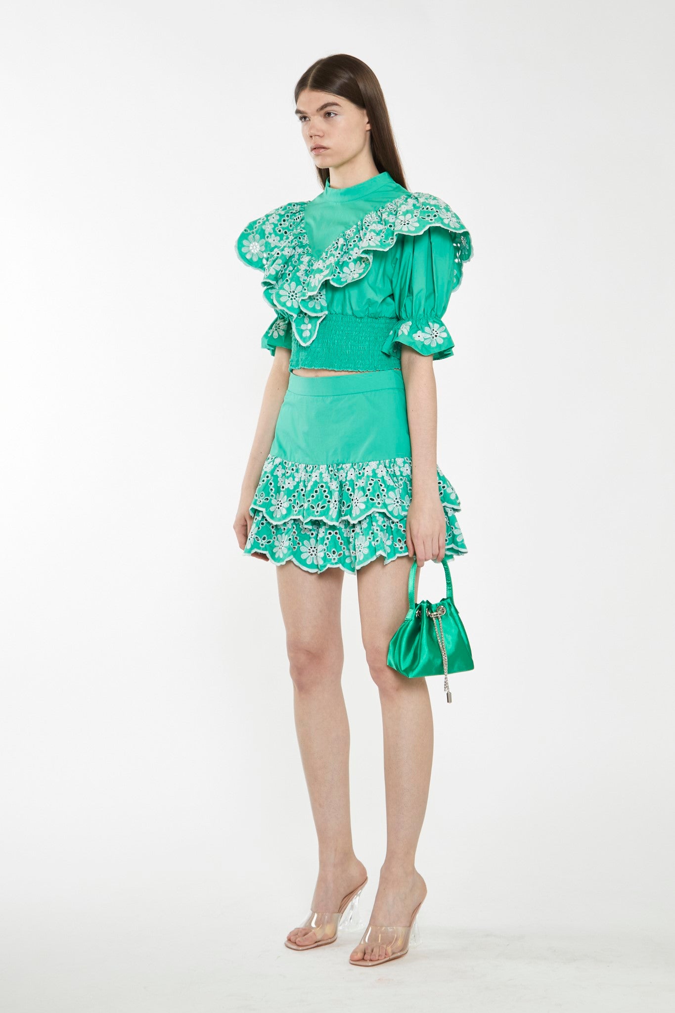 Green Broderie Ruffle Mini Skirt