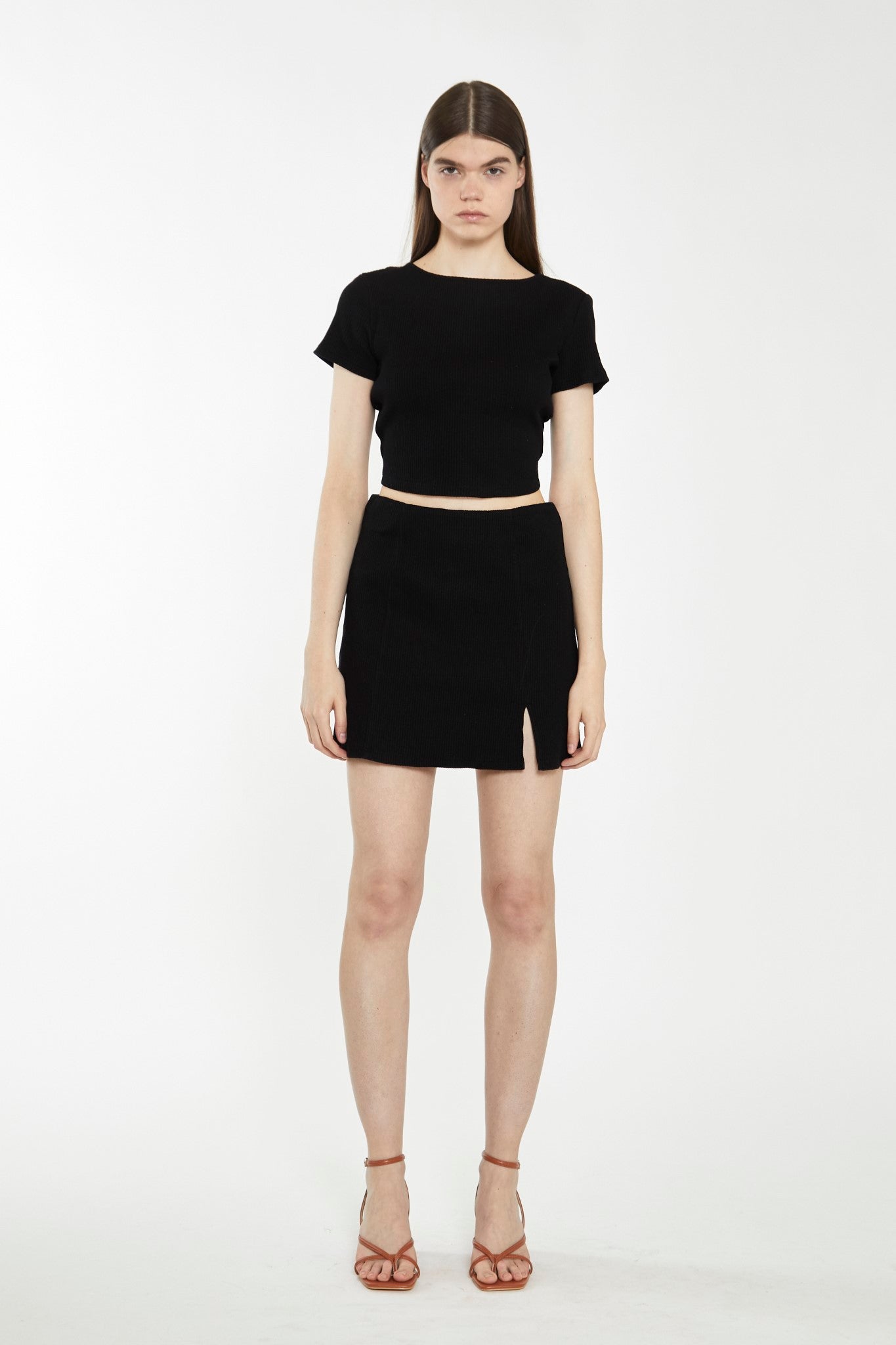 Glamorous Black Rib Open Strappy Back Short Sleeve Top