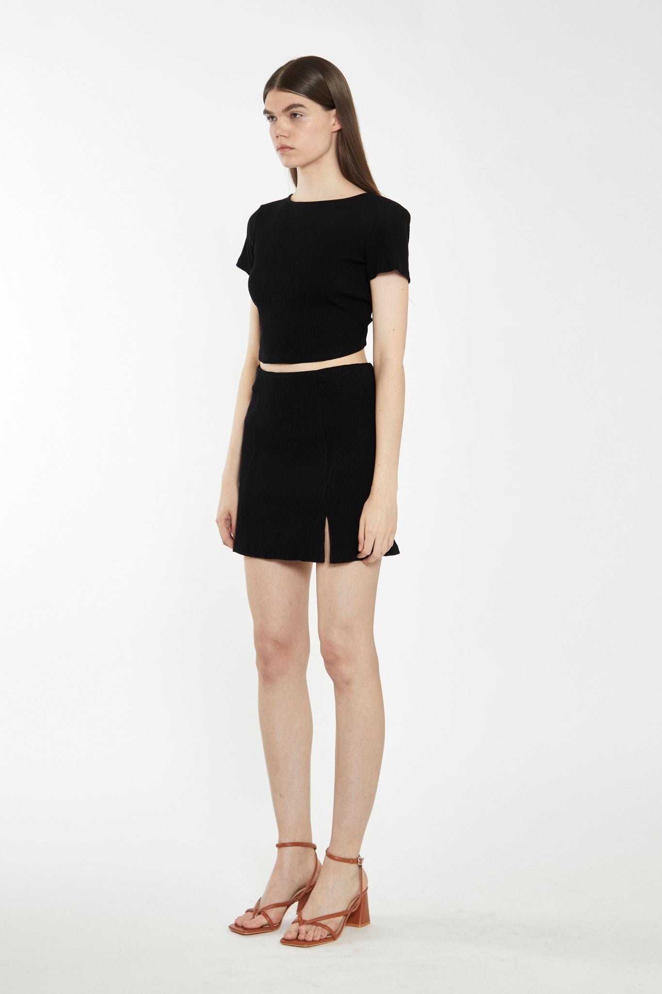 Glamorous Black Rib Open Strappy Back Short Sleeve Top