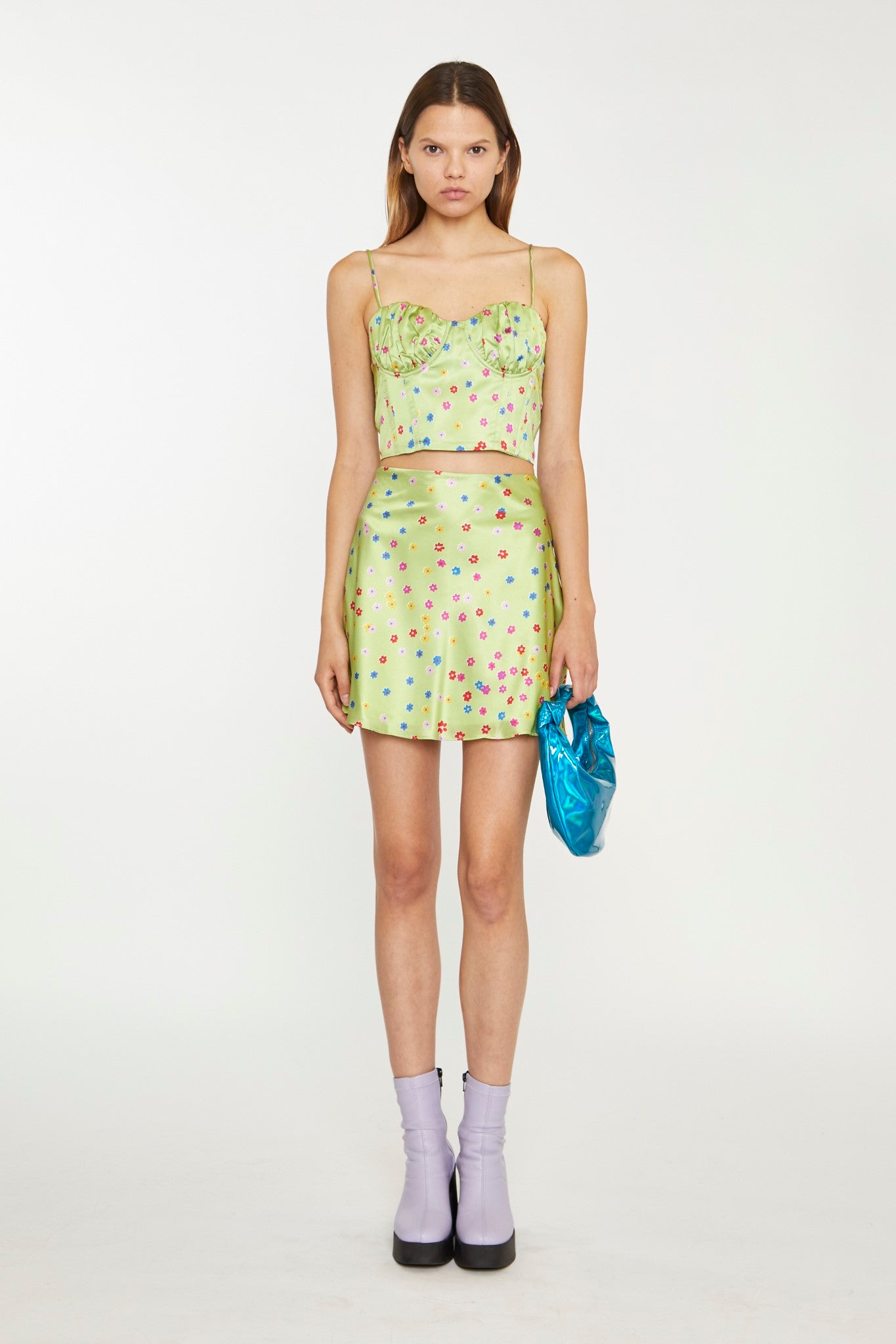 Lime-Multi Daisy Ruched Bust Corset Top