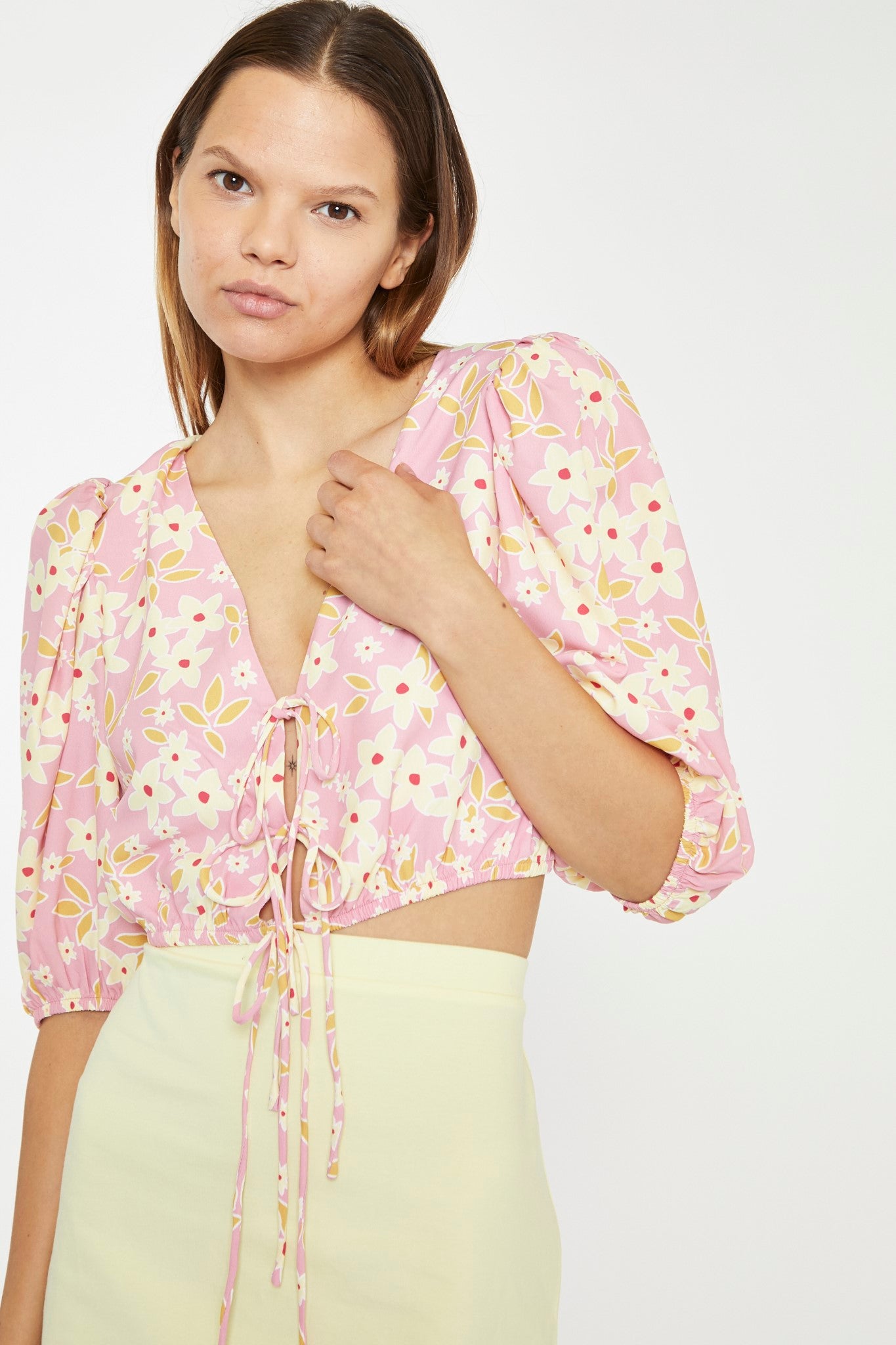 Pink-Olive-Yellow-Flower Tie-Front Crop Top