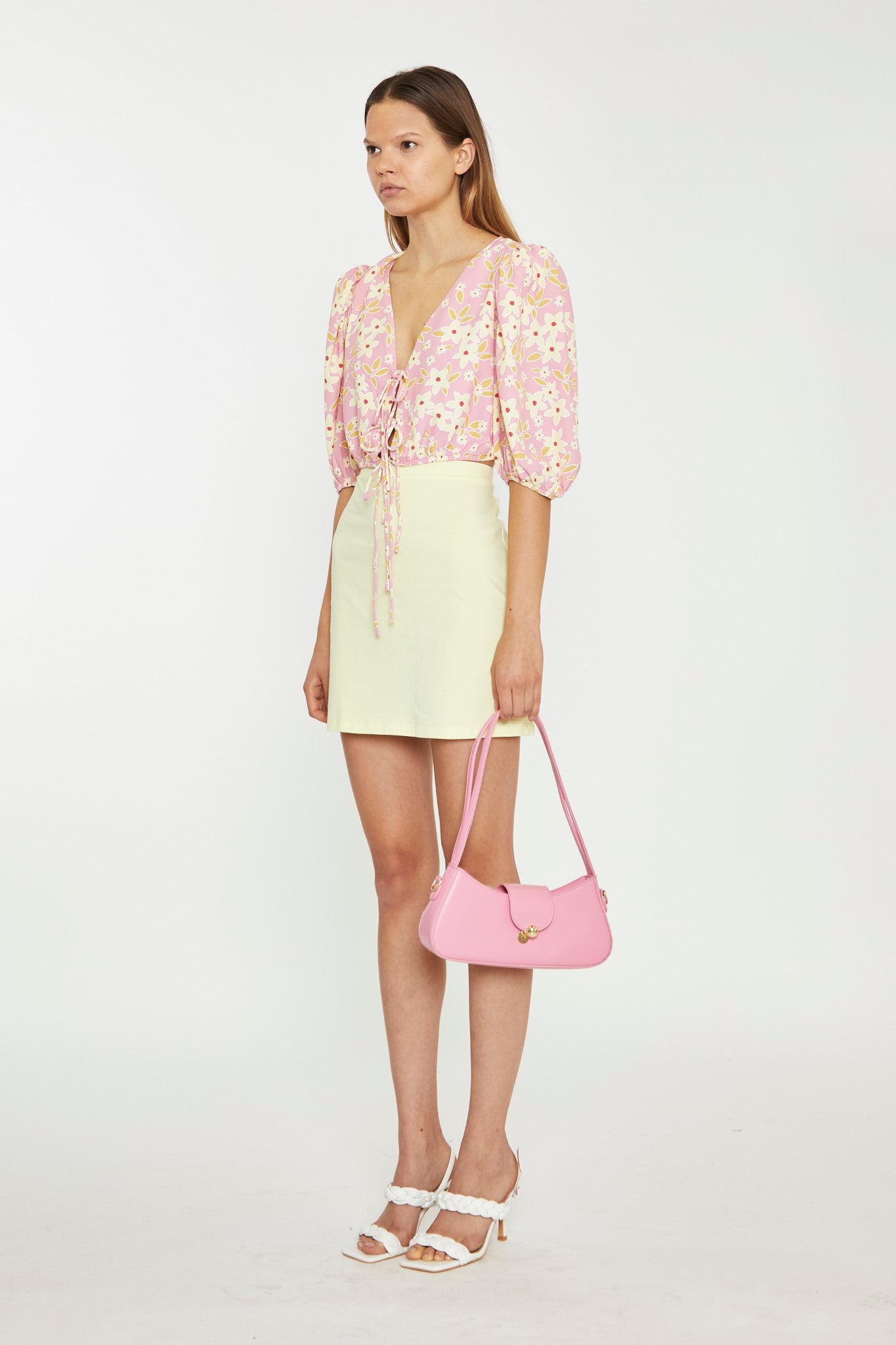 Pink-Olive-Yellow-Flower Tie-Front Crop Top