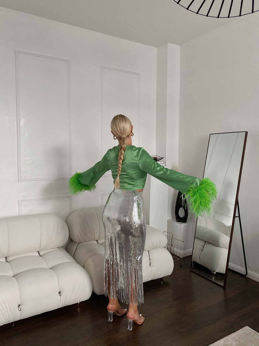 Glamorous Silver Sequin Fringe High Waisted Midi Skirt