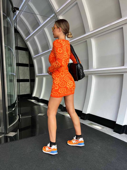 Glamorous Orange Tonal Flowers Knitted Mini Dress