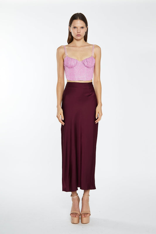 Deep-Burgundy Satin Side-Split Maxi-Skirt