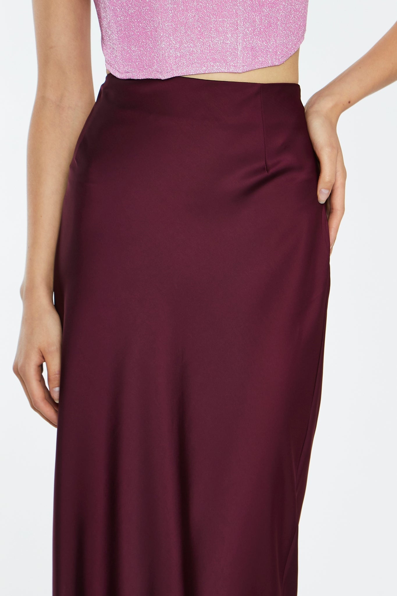 Deep-Burgundy Satin Side-Split Maxi-Skirt