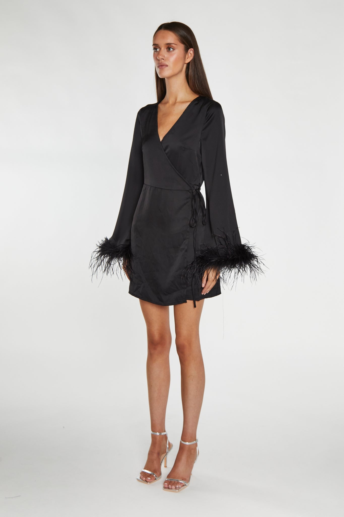 Black-Satin Feather Trim Wrap Mini-Dress