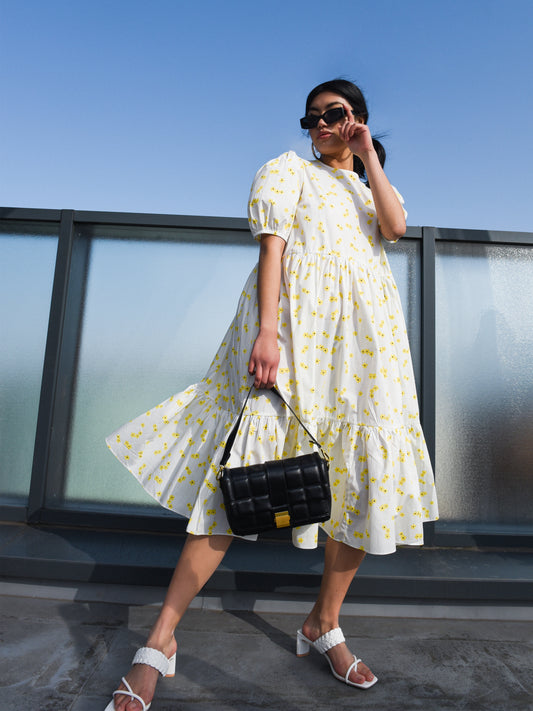 Glamorous White Yellow Flower Midi Dress