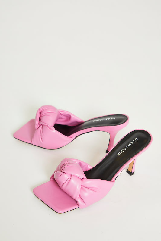 Glamorous knot front mid heel mule sandals in pink
