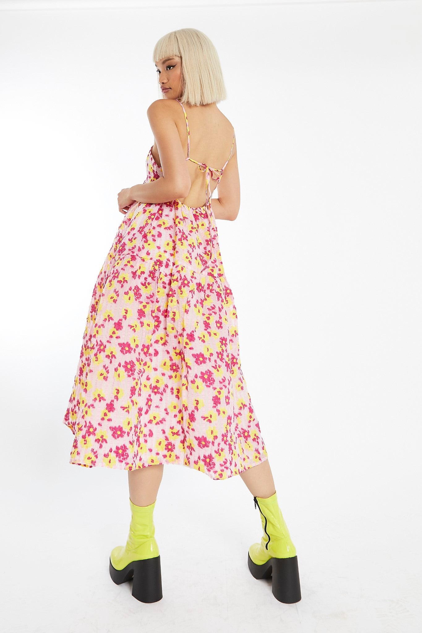 Pink-Yellow Organza Empire-Line Tie-Back Loose-Fit Smock Midi-dress