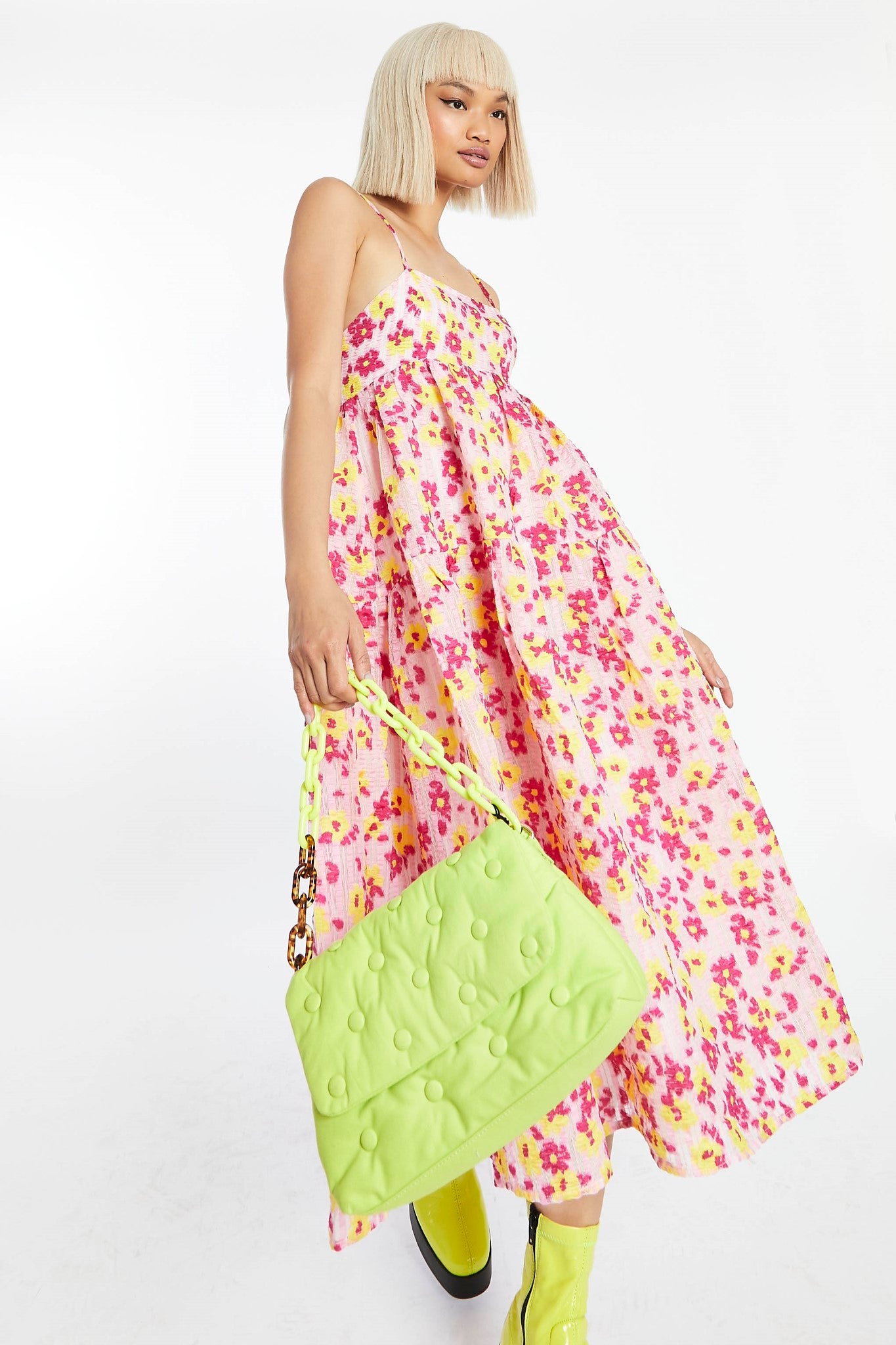 Pink-Yellow Organza Empire-Line Tie-Back Loose-Fit Smock Midi-dress