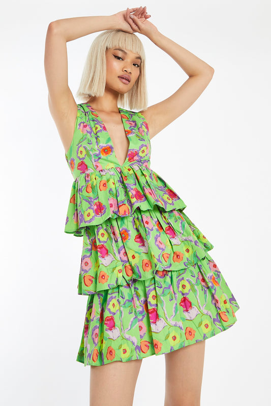 Neon Green Floral Plunge-Top Tiered-Skirt Mini-dress