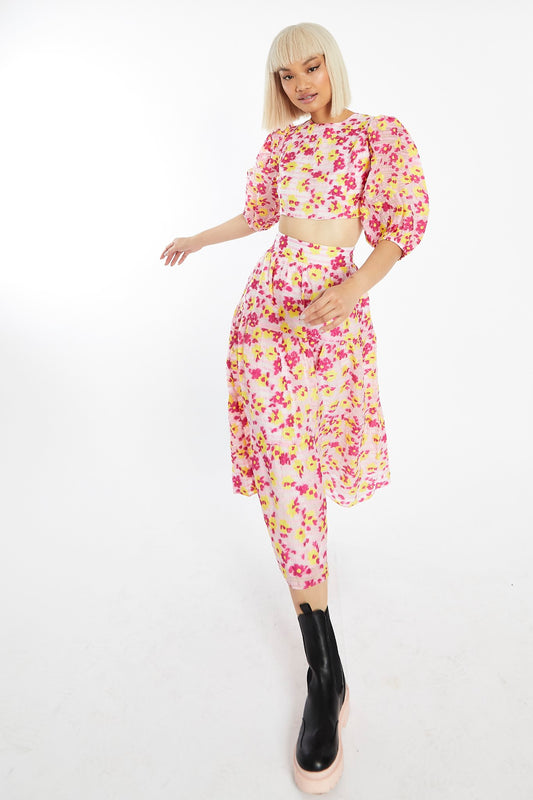 Pink-Yellow Organza Lace-Up Back Puff Sleeve Crop-top