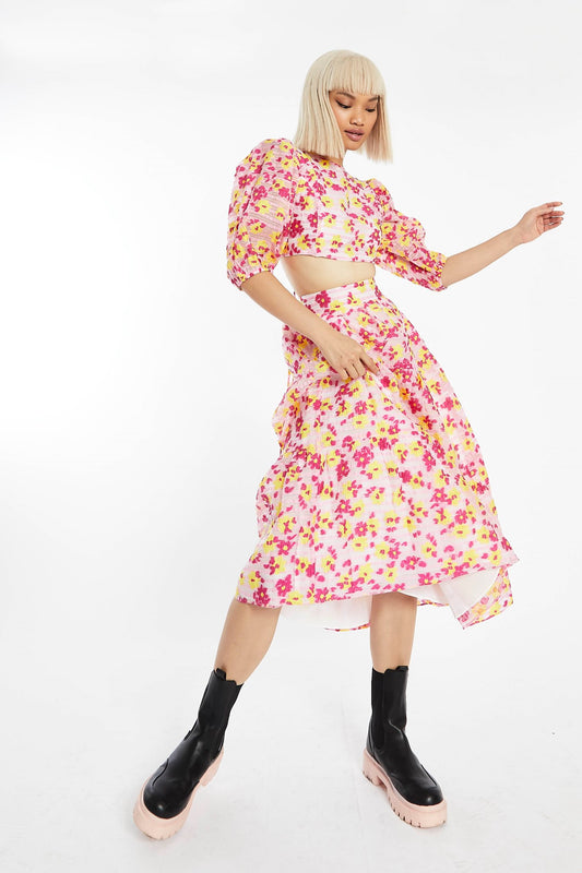 Pink-Yellow Organza Gathered Tiered Midi-skirt