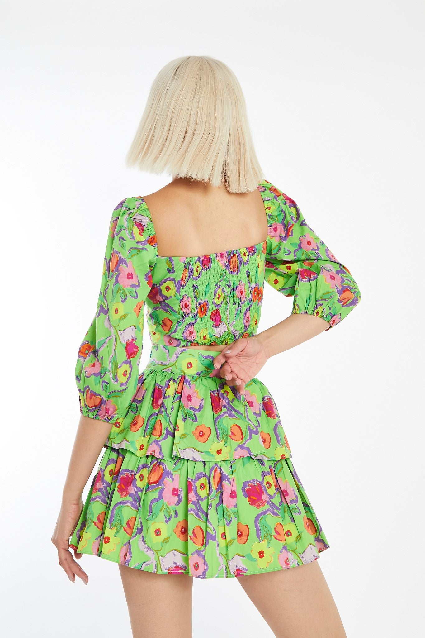 Neon-Green Floral Tiered Ruffle Mini-skirt