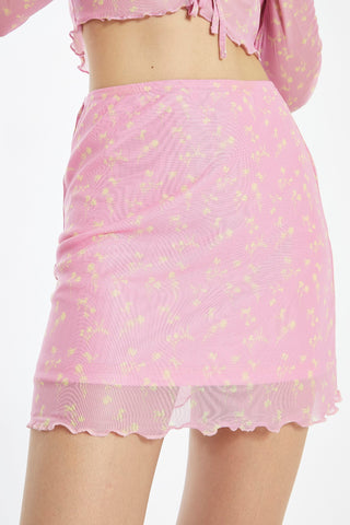 Candy-Pink Floral Mesh Lettuce Hem Mini-Skirt