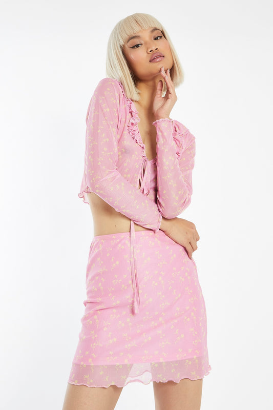 Candy-Pink Floral Mesh Lettuce Hem Mini-Skirt