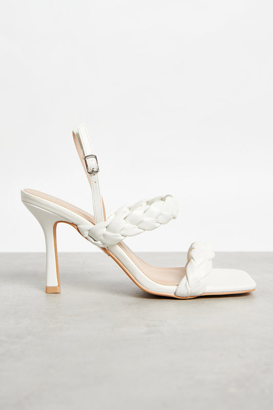Glamorous White Woven Detail Square Toe Heels
