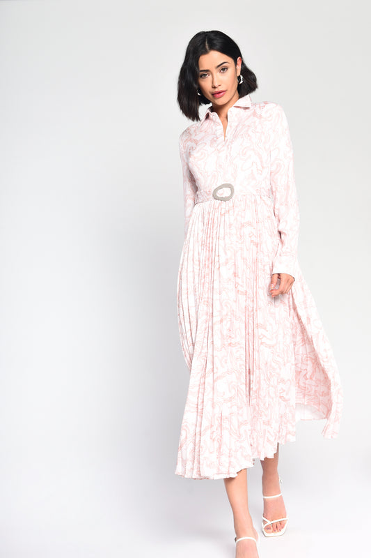 Glamorous Nude Abstract Print Belted Pleated Midi Dress