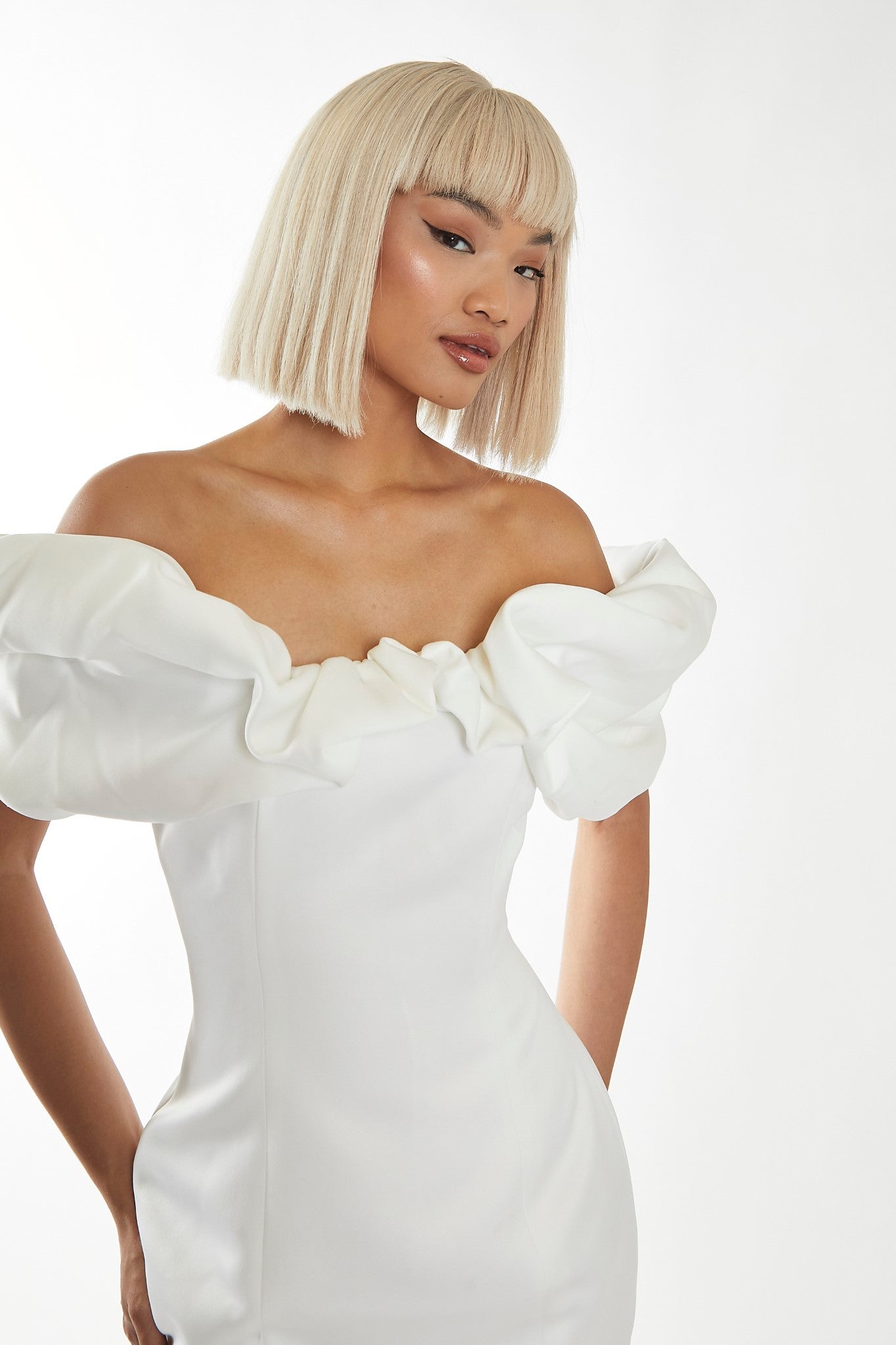 White Statement Puff Bardot Mini-Dress