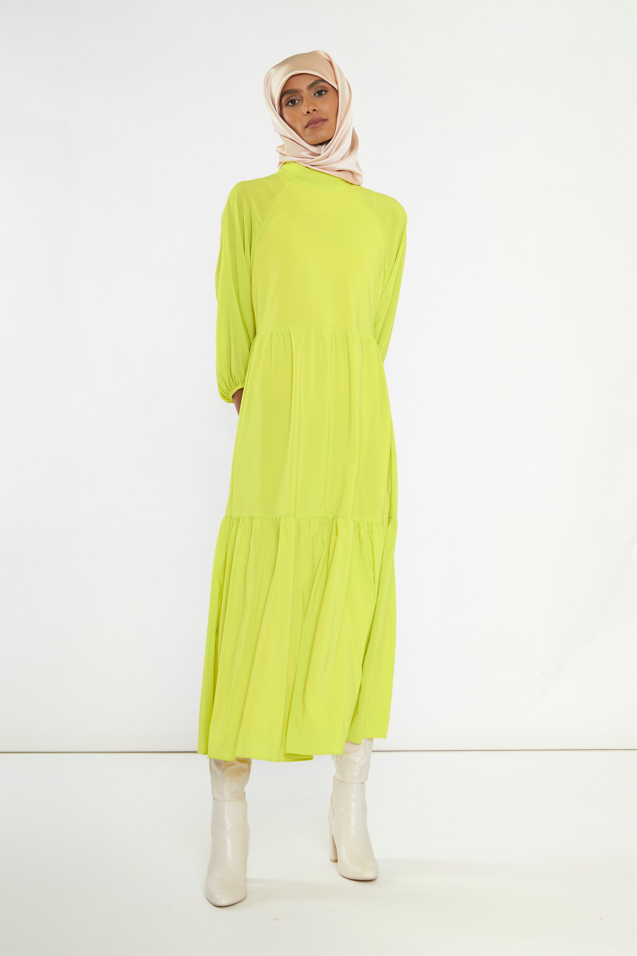 Acid-Yellow Open Back Tiered Midi-Dress