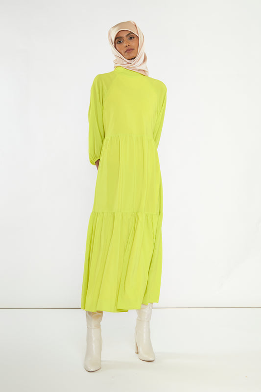 Acid-Yellow Open Back Tiered Midi-Dress
