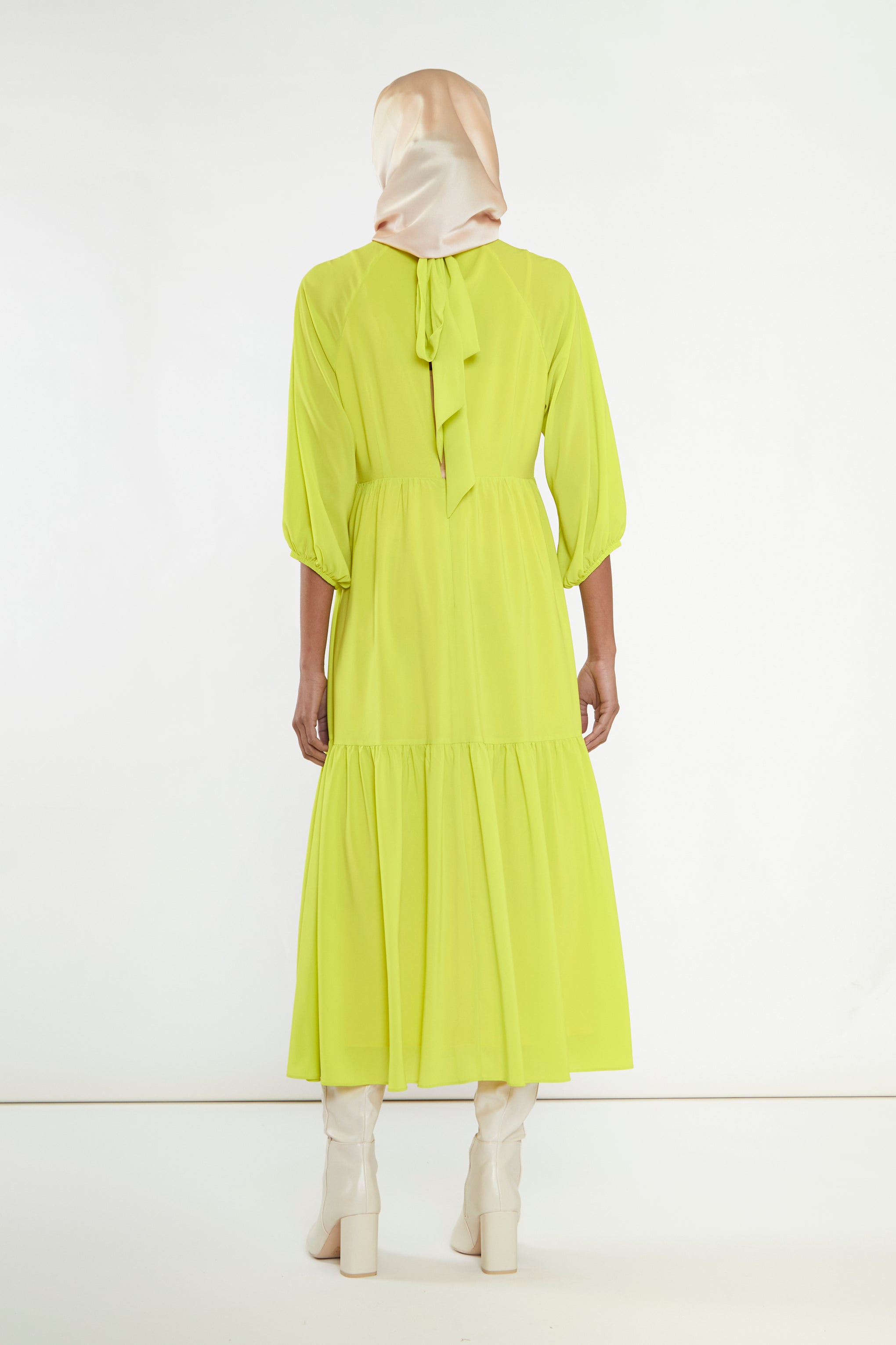 Acid-Yellow Open Back Tiered Midi-Dress