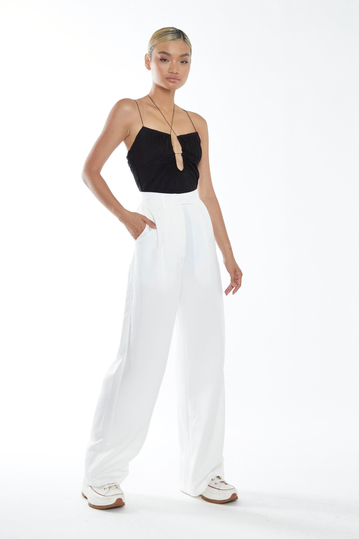 Black Cut-Out Ruched Bodysuit