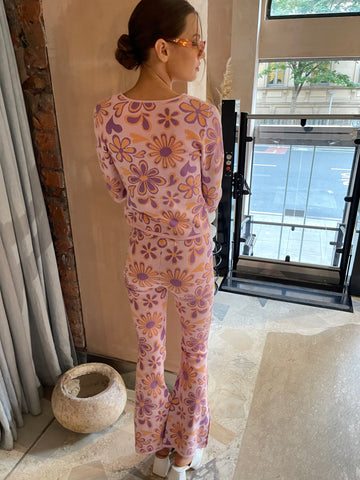 Pink-Peach-Retro-Flower Flared Trousers