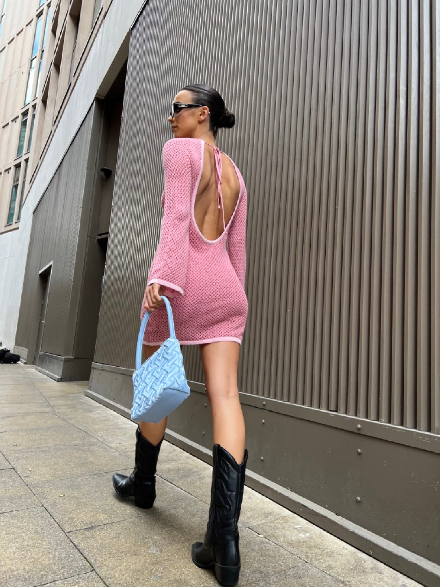 Pink-Light-Pink Knit Open-Back Mini-Dress