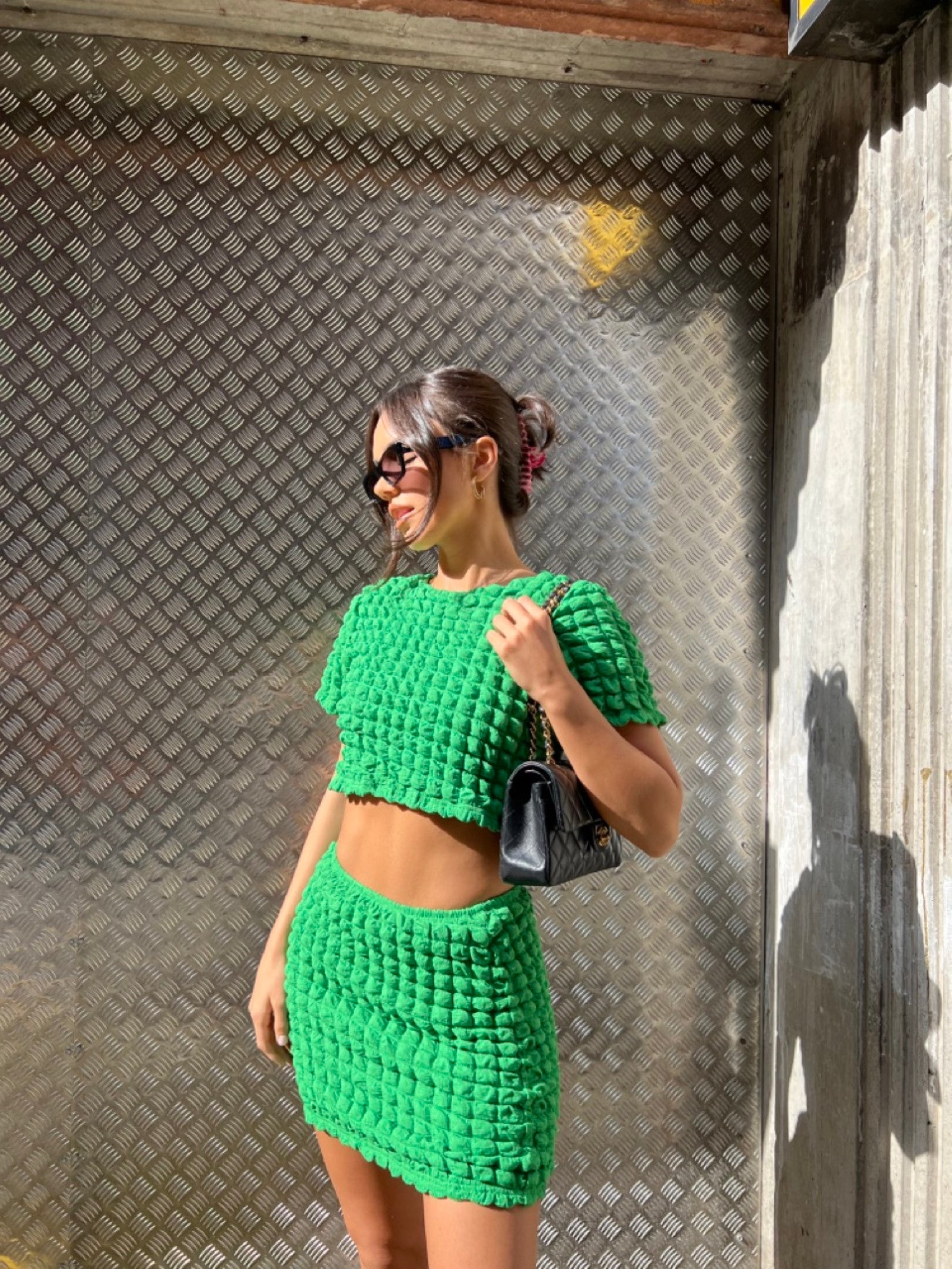 Textured Green Mini Skirt