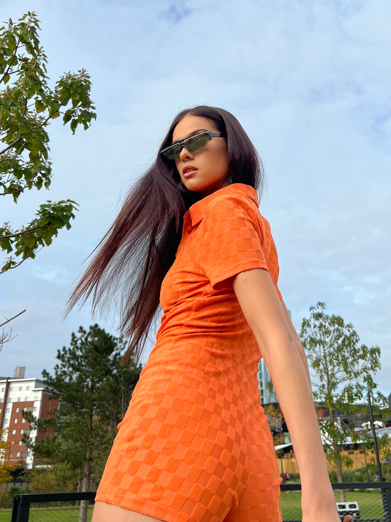 Orange Checkerboard Button Through Romper
