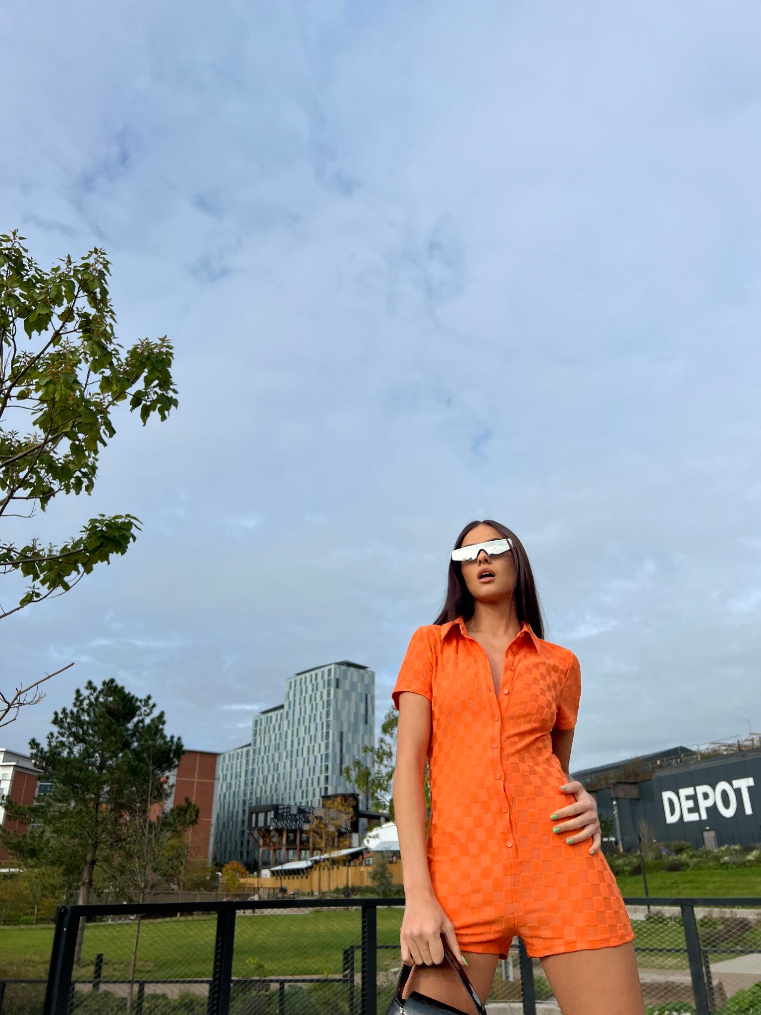 Orange Checkerboard Button Through Romper