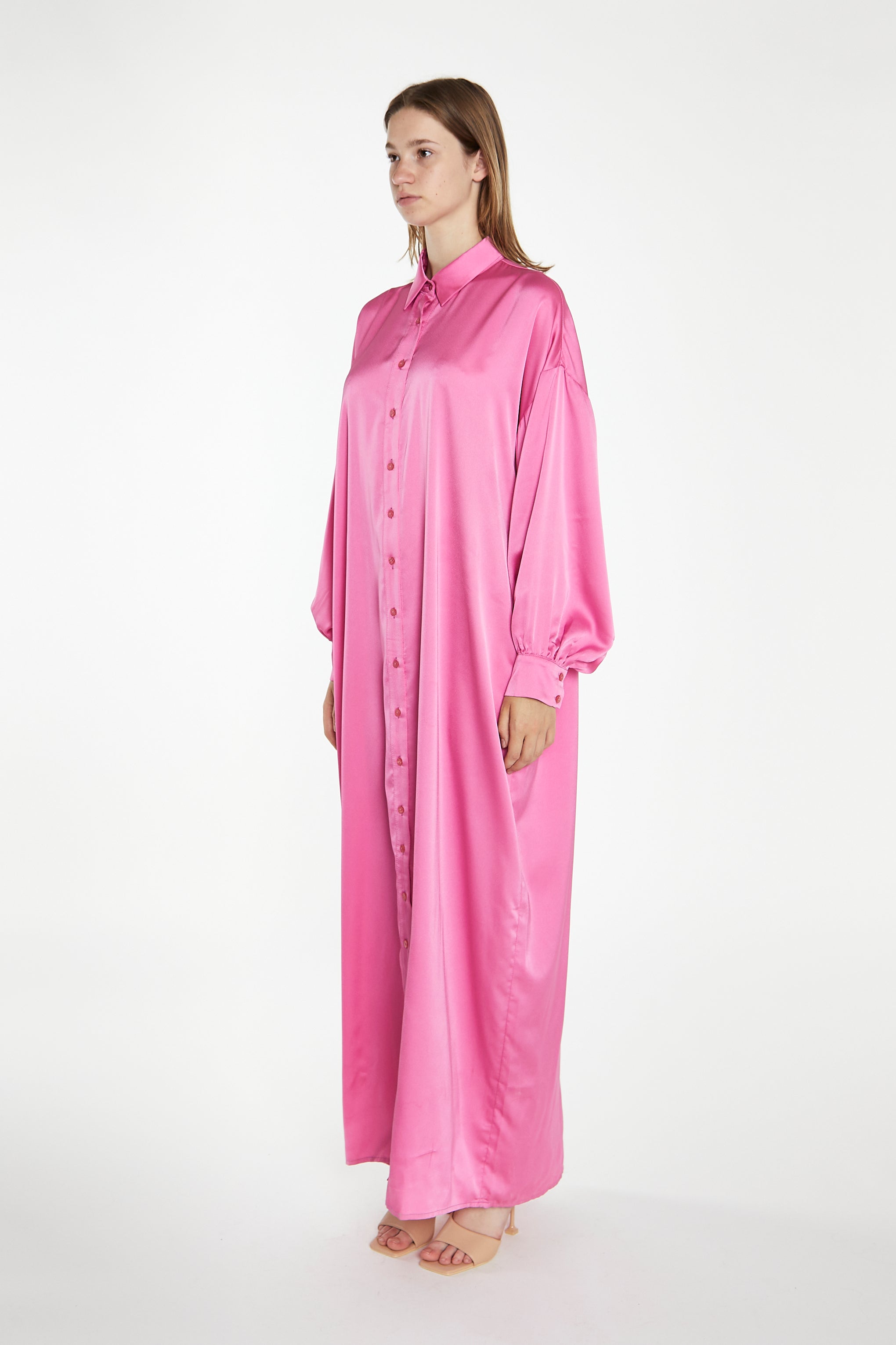 Pink Satin Oversized Maxi Shirt Dress