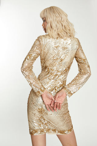 Glamorous Gold Sequin Mini Dress with Long Sleeves & Plunging Neckline