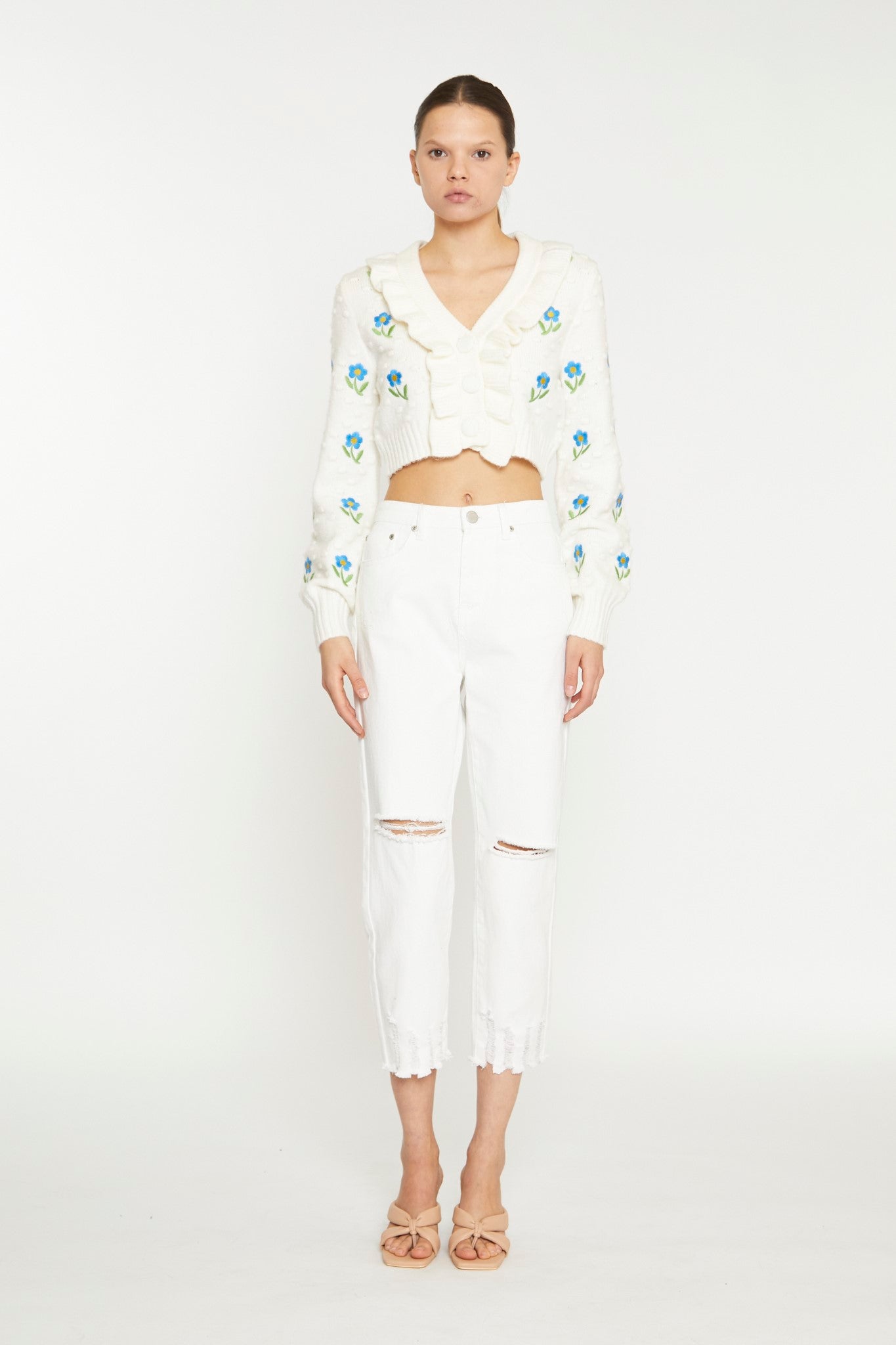 Off White High Waist Distressed Straight Leg Jeans