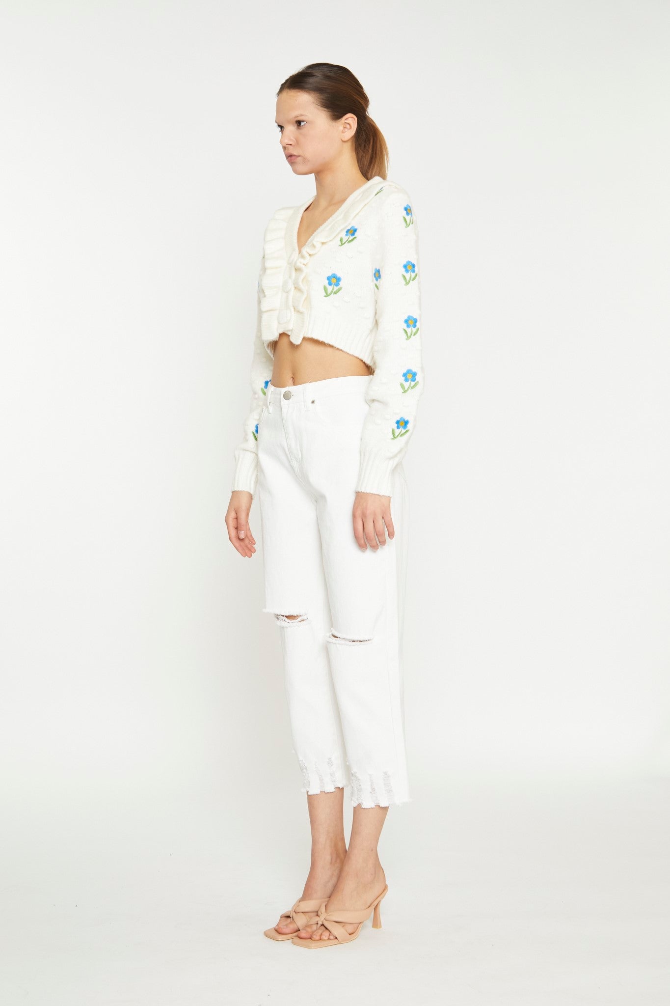 Off White High Waist Distressed Straight Leg Jeans