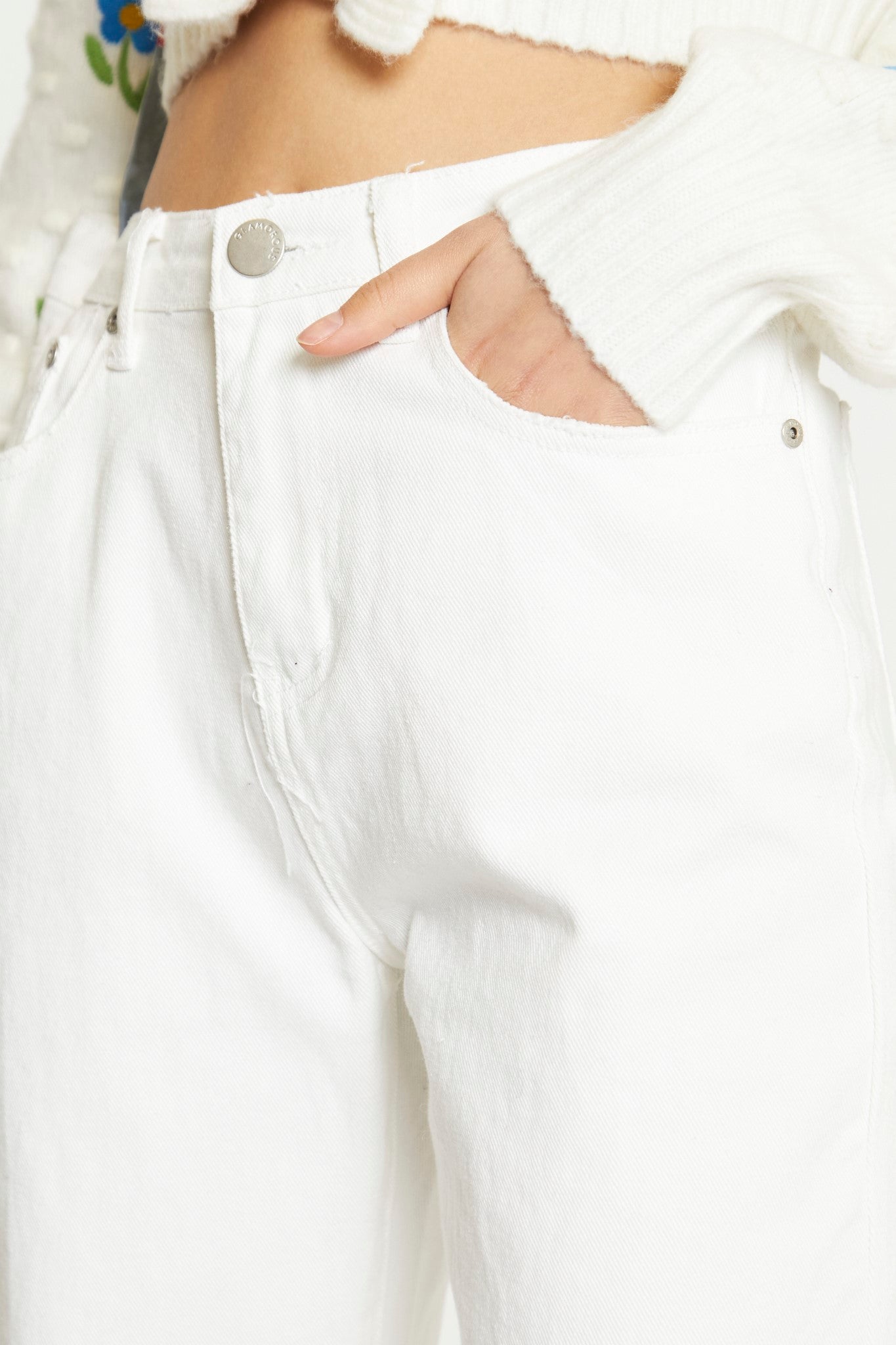 Off White High Waist Distressed Straight Leg Jeans