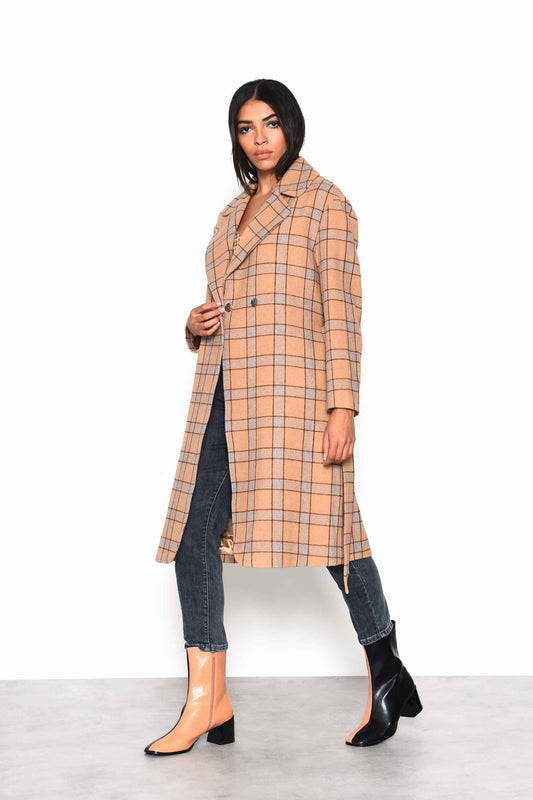 Glamorous Camel Multi Check Double Breasted Longline Coat with Waist belt