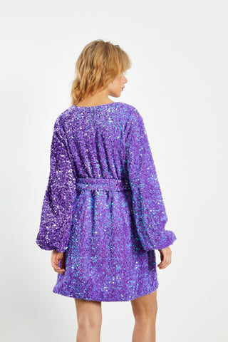 Glamorous Purple Sequin Tie Waist Wrap Mini Dress