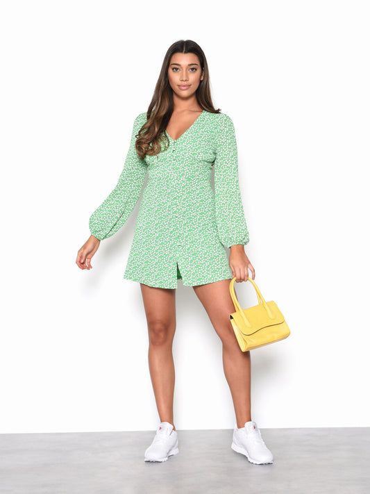 Glamorous Green Floral Print Button Up Dress