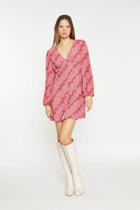 Digital-Wave Flower Button Front Long Sleeve Mini-Dress