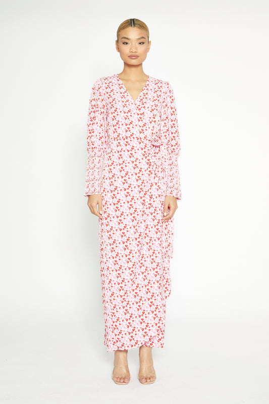 White-Red-Pink-Floral Wrap Maxi Dress