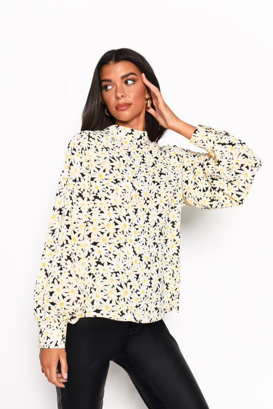 Glamorous Daisy Print High Neck Long Sleeve Blouse