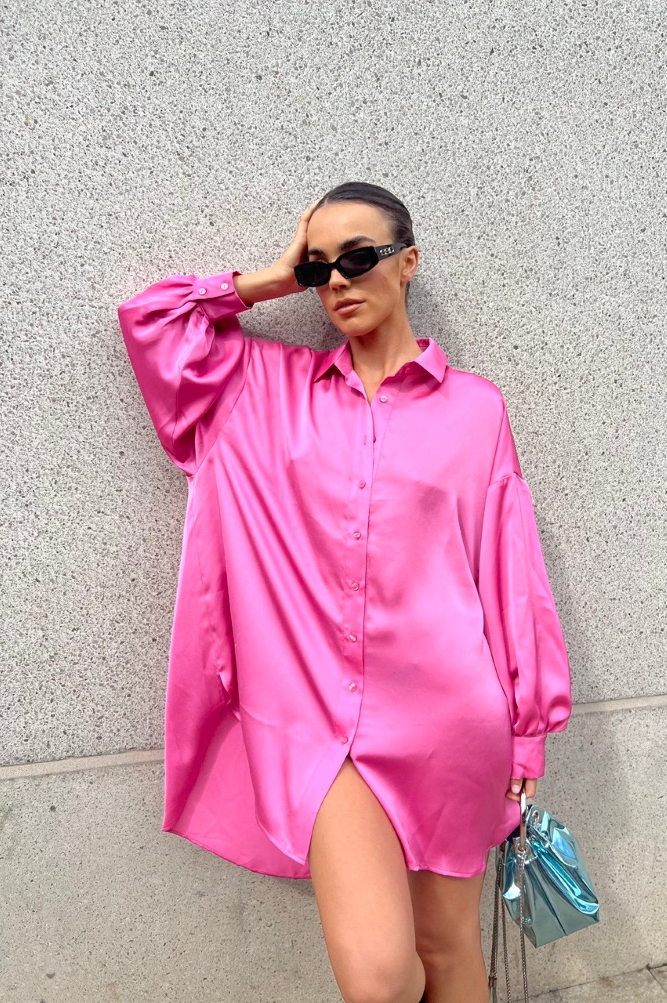 Pink Satin Oversized Mini Shirt-Dress