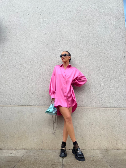 Pink Satin Oversized Mini Shirt-Dress