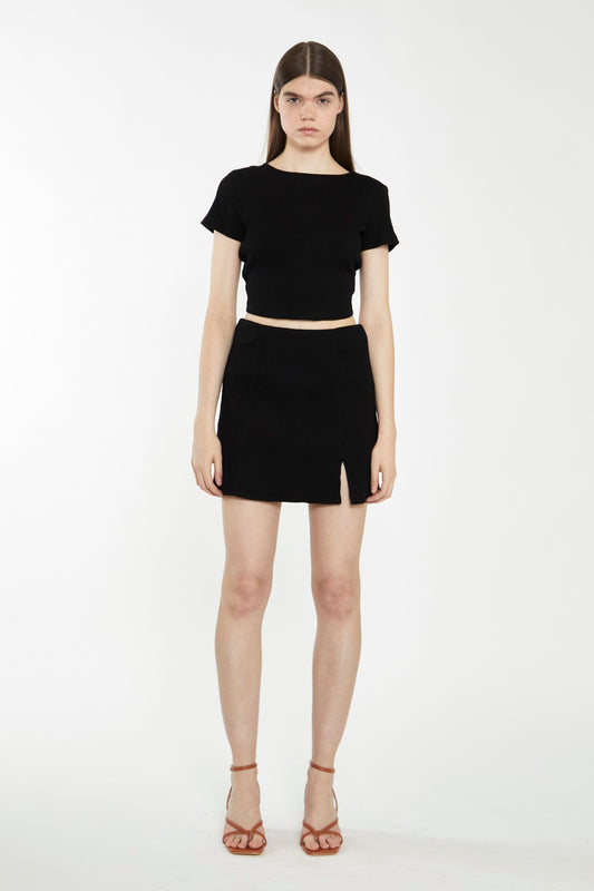 Black Rib Side Split Mini-Skirt