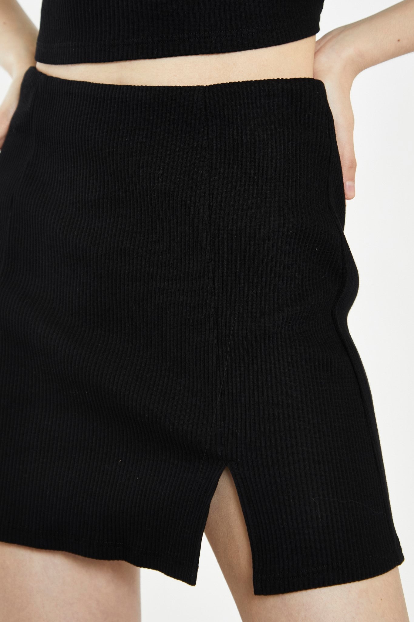 Black Rib Side Split Mini-Skirt