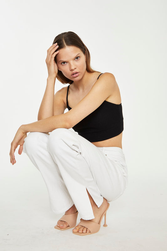 White High-Waisted Side Split Jeans