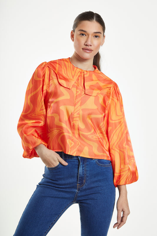 Glamorous Orange Marble Boxy Shirt with Statement Collar